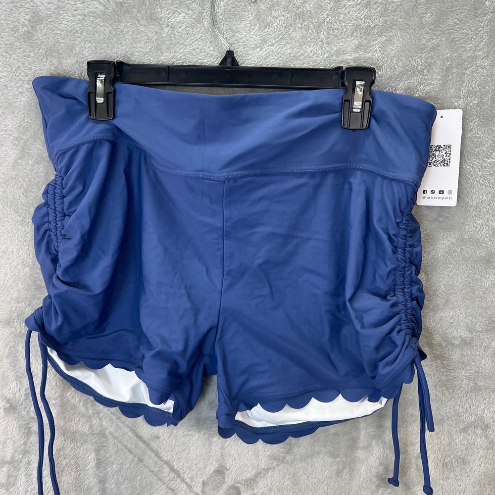 NWT Attraco Navy Blue Ruched Scalloped Swim Shorts UPF 50+ Plus Size 1X Summer